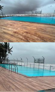 two pictures of a swimming pool next to the beach at Sea Breeze Beach Resort Murud in Murud