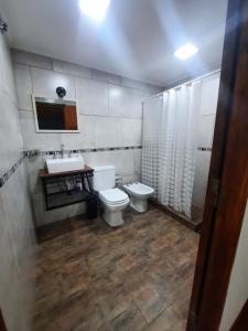 y baño con aseo, lavabo y ducha. en CALUANABRU en Malargüe