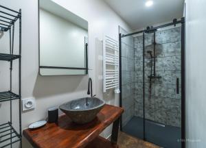 een badkamer met een wastafel en een douche bij Appartement Grenat Bourg d'Oisans in Le Bourg-dʼOisans