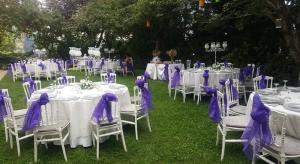 a group of tables and chairs with purple napkins at Dafne Hotel in Ankara