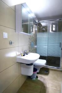 een badkamer met een witte wastafel en een douche bij Ourania Apartment in Drama