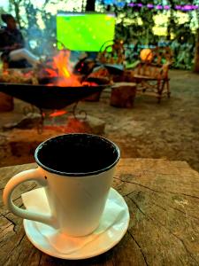een koffiekopje op een schotel naast een kampvuur bij Riverside Villas Nanyuki in Nanyuki