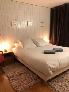 een slaapkamer met een bed met een blauwe handdoek erop bij Design loft in Chamonix Center in Chamonix-Mont-Blanc
