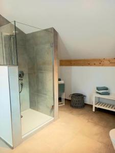 a bathroom with a shower with a glass door at Ferienwohnung Menter in Marquartstein