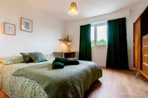 a bedroom with a bed with green sheets and a window at Le Jouvence Cozy - Confort - Zen - Parking gratuit in Dijon