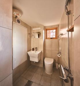 a small bathroom with a toilet and a sink at Luxury hanok with private bathtub - SN13 in Seoul