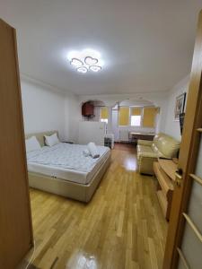 een slaapkamer met een bed en een bank erin bij Avrig-Ferdinand Studio in Boekarest