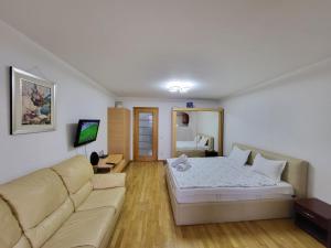 een woonkamer met een bank en een bed bij Avrig-Ferdinand Studio in Boekarest