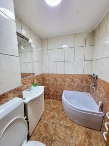 een badkamer met een bad, een toilet en een wastafel bij Avrig-Ferdinand Studio in Boekarest +29 foto's