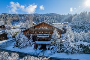 Demi-QuartierにあるMagic Megève Boisの雪上の丸太小屋の空中風景