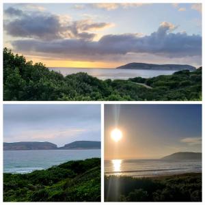 three different views of the sunset and the ocean at The Paper Fig House in Plettenberg Bay