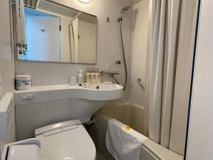 a bathroom with a toilet and a sink and a mirror at Ueno Urban Hotel Annex in Tokyo