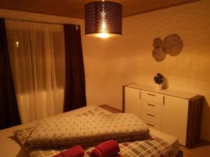1 dormitorio con 1 cama, vestidor y lámpara en Tiroler Wohnung, en Arzl im Pitztal