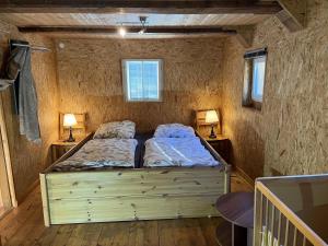 1 dormitorio con 1 cama en una habitación con 2 lámparas en Ferienwohnung "An der schönen Bahra", 