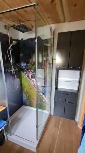 - une douche dans une pièce ornée d'une peinture murale dans l'établissement Ferienwohnung Sächsische Schweiz Kurort Rathen, à Rathen