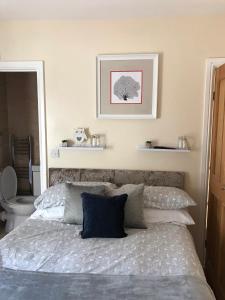 Un dormitorio con una cama con una almohada azul. en Mountain View Aberavon Beach, Afan Valley & Margam Park, South Wales en Port Talbot