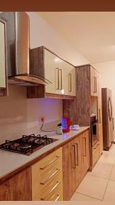 弗利康弗拉克的住宿－WESTWOOD - DELUXE 03 BEDROOM APPARTMENT - POOL, near BEACH，厨房配有木制橱柜和炉灶烤箱。