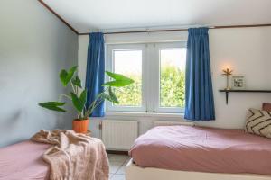 a bedroom with two beds and a window with blue curtains at Camping de Brem in Renesse +85 photos