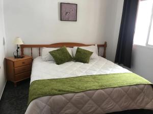 a bedroom with a bed with a green blanket on it at Apartamentos Jucar in Frontera
