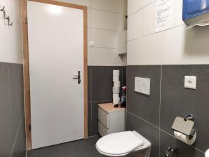 a bathroom with a toilet and a cross on the wall at Downtown Family&Friends in Interlaken