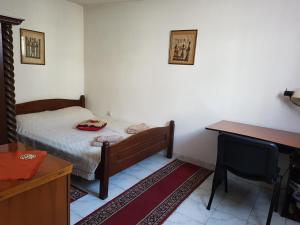 a small bedroom with a bed and a desk at A modest place in Belgrade