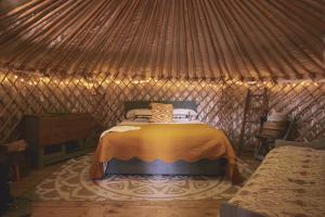 ein Schlafzimmer mit einem Bett in einer Jurte in der Unterkunft Mushroom Yurt in Aberystwyth