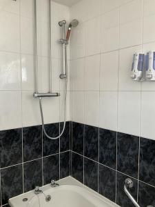 a bathroom with a shower and a sink at Traeth Rooms in Cardigan