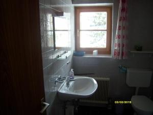 baño con lavabo, ventana y aseo en Ferienwohnung Stickler, en Reutte