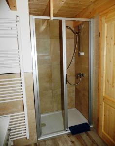 y baño con ducha y puerta de cristal. en Ferienhaus In der Erlebach, en Elmstein