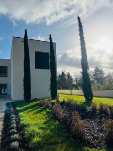 une rangée de cyprès devant un bâtiment blanc dans l'établissement Les Trois Cyprès, à Blois