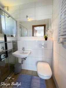 bagno con lavandino, servizi igienici e specchio di Stacja Bałtyk a Karwia