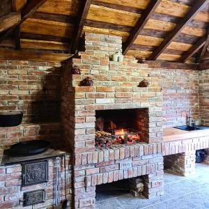 a brick fireplace with a stove and a sink at Villa Debryanets in Rozhanka Nizhnyaya