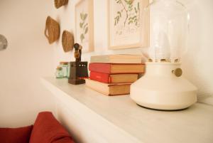 a counter with a blender and books on it at Sotza’s Little House in Padru
