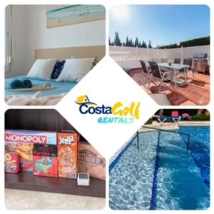 eine Collage mit Bildern eines Hotelzimmers mit Pool in der Unterkunft Casa adosada familiar en complejo con piscina - Bel Air 28 in Estepona