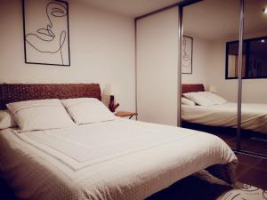 a bedroom with a large white bed and a mirror at Logement avec billard, home cinéma et terrasse privatisés in Neuvecelle