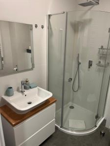 łazienka z umywalką i prysznicem w obiekcie Sosnowe Apartamenty - Marina w mieście Augustów