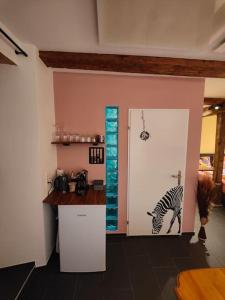 a kitchen with a zebra painted on the door at Studio am Vierwaldstättersee in Luzern