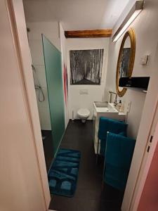 Studio am Vierwaldstättersee في لوتزيرن: حمام صغير مع حوض ومرحاض