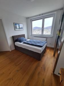 a bedroom with a bed in a room with two windows at The View of Austria! in Gmunden