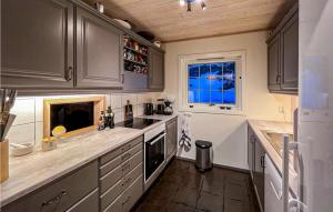 4 Bedroom Stunning Home In Hemsedal في هيمسيدال: مطبخ مع دواليب رمادية ونافذة