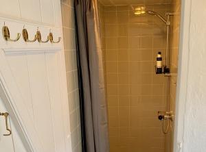 un bagno con doccia con tenda da doccia di Lillemøllens bed & breakfast a Ørbæk