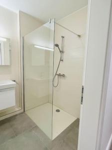um chuveiro com uma porta de vidro na casa de banho em Brand New Large Family Flat in Center- Parking -N1 em Luxemburgo