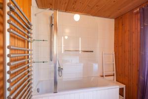a bathroom with a shower and a tub at Rudnica House in Bohinj