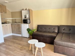 a living room with a brown couch and two tables at Spazios Apart Hotel Reñaca in Viña del Mar