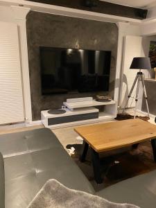 een woonkamer met een grote televisie en een salontafel bij Hochheide Lodge in Winterberg