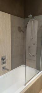 a shower with a clear glass enclosure in a bathroom at BB Art Wine & Suite in Imola