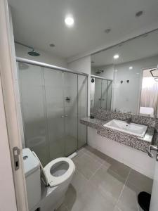 a bathroom with a toilet and a sink and a mirror at BH PARA 2 - ORLA DA PAMPULHA - Apartamento particular in Belo Horizonte