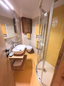 a bathroom with a sink and a shower at Val Gardena in Selva di Val Gardena