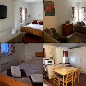 4 fotos de una habitación con cama y mesa en Hostel Ukonlinna, en Imatra