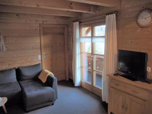 uma sala de estar com um sofá, uma televisão e uma janela em Ferienwohnungen Berger em Scheidegg